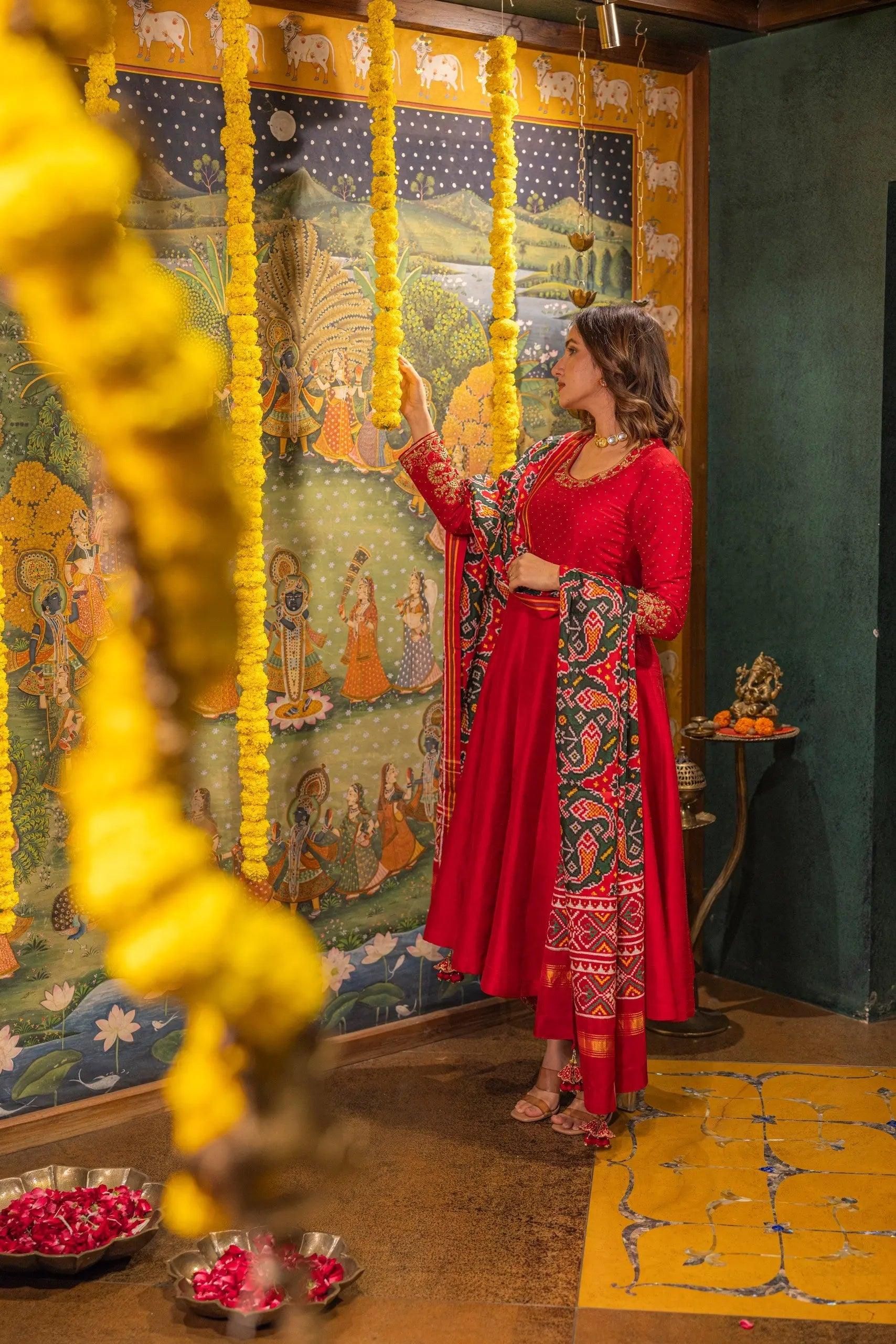 Red Raw Silk Dress with Green Patola Dupatta | Designer Dress Achkan Red Raw Silk Dress with Green Patola Dupatta | Designer Dress Achkan