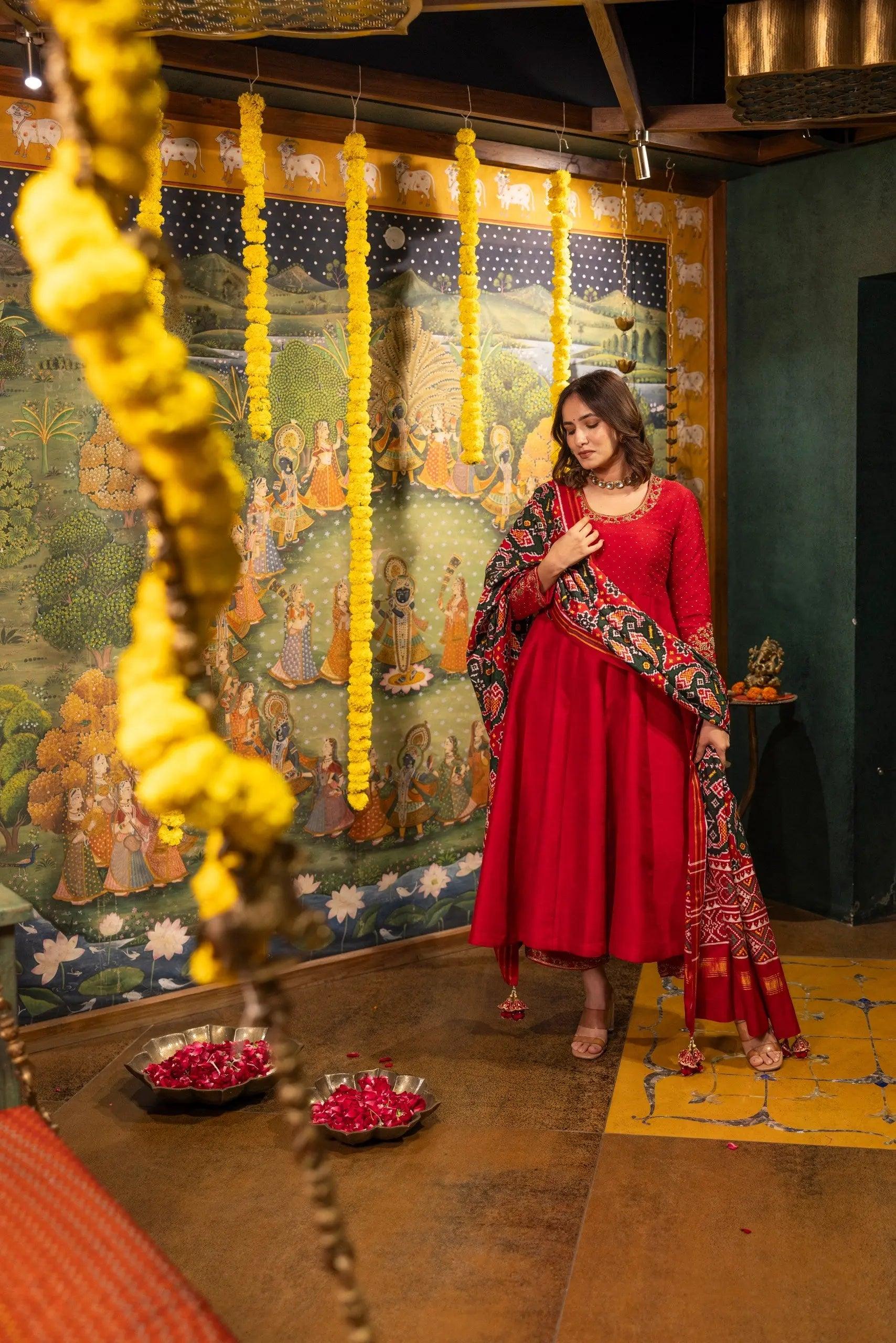 Red Raw Silk Dress with Green Patola Dupatta Achkan