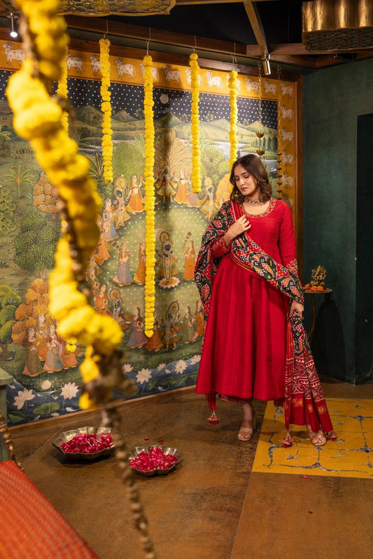 Red Raw Silk Dress with Green Patola Dupatta Achkan