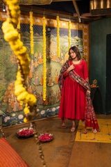 Red Raw Silk Dress with Green Patola Dupatta Achkan