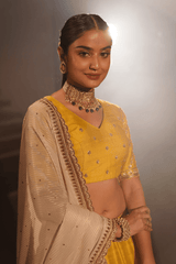Radiant yellow silk lehenga and blouse with georgette dupatta