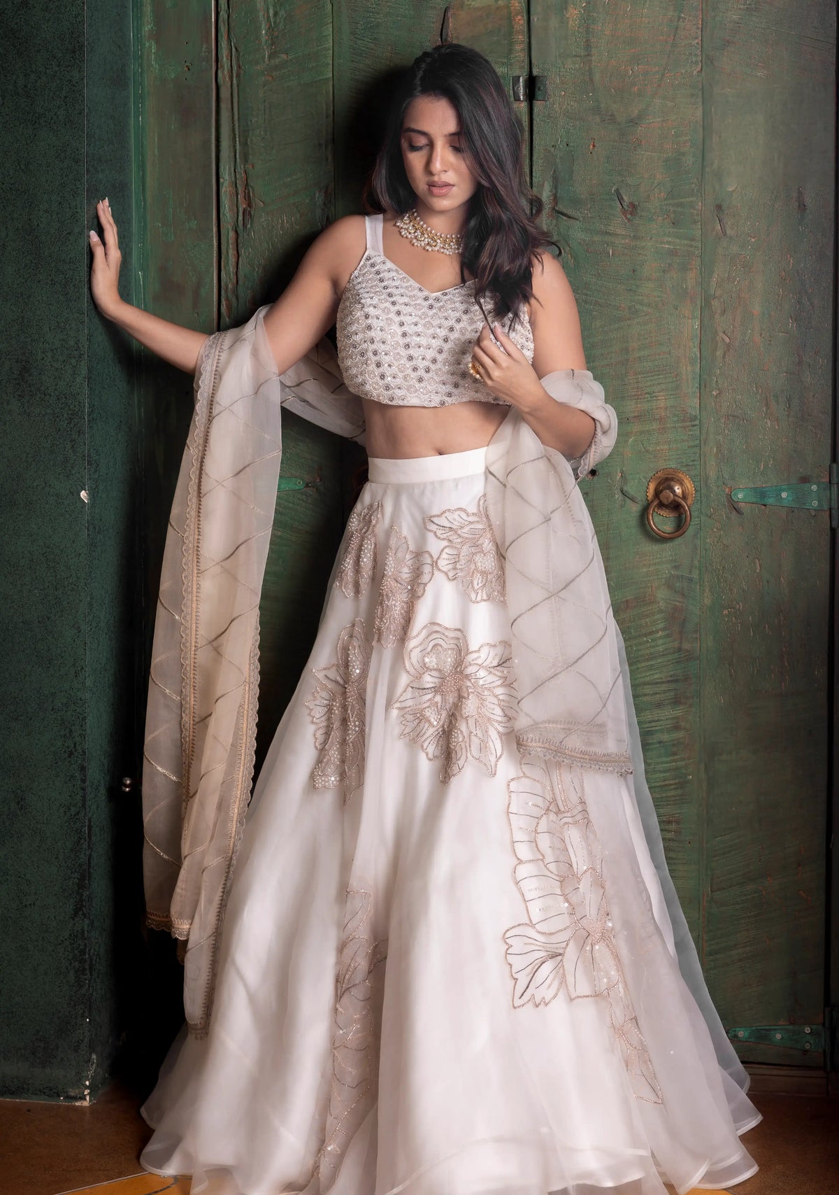 Pearl-white organza lehenga set