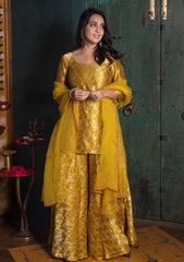 Yellow Banarasi short top & flared palazzo set