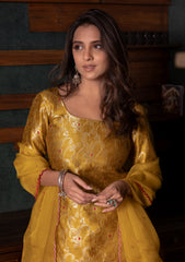 Yellow Banarasi short top & flared palazzo set