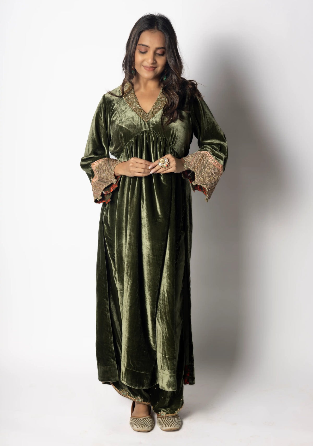 Olive green velvet dress