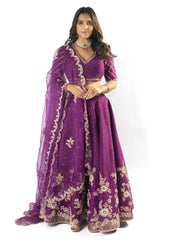 Bright purple lehenga, blouse and organza dupatta