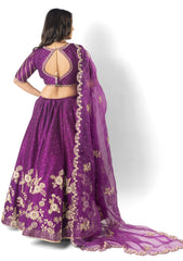 Bright purple lehenga, blouse and organza dupatta