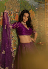 Bright purple lehenga, blouse and organza dupatta