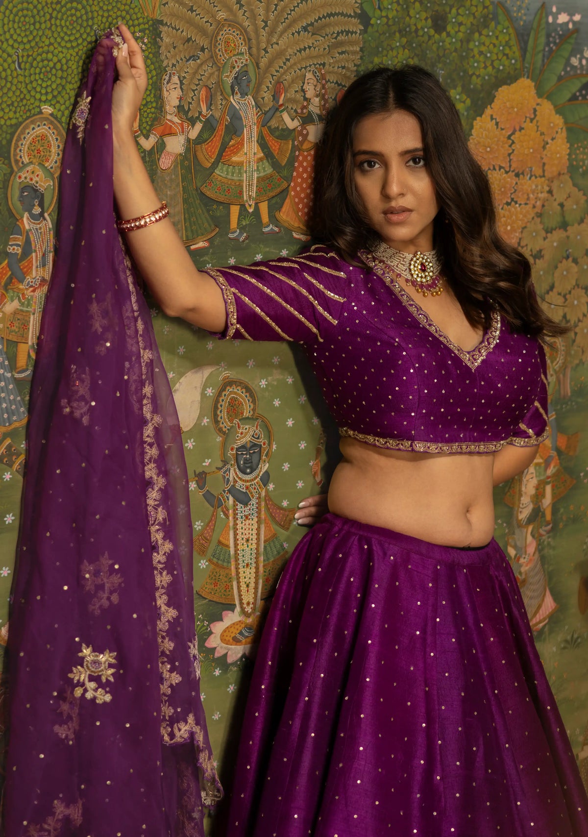Bright purple lehenga, blouse and organza dupatta