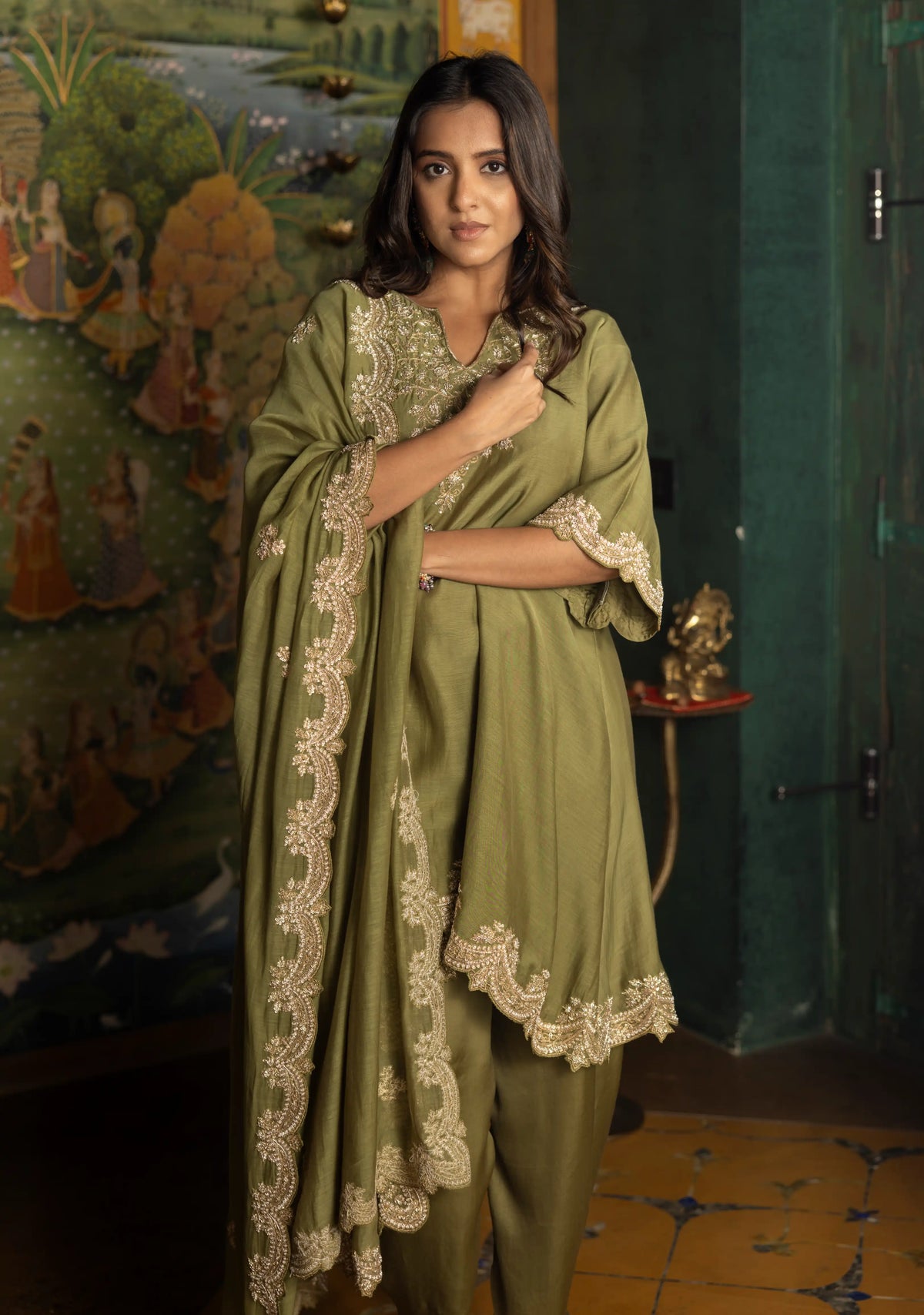 Olive green dress & dupatta