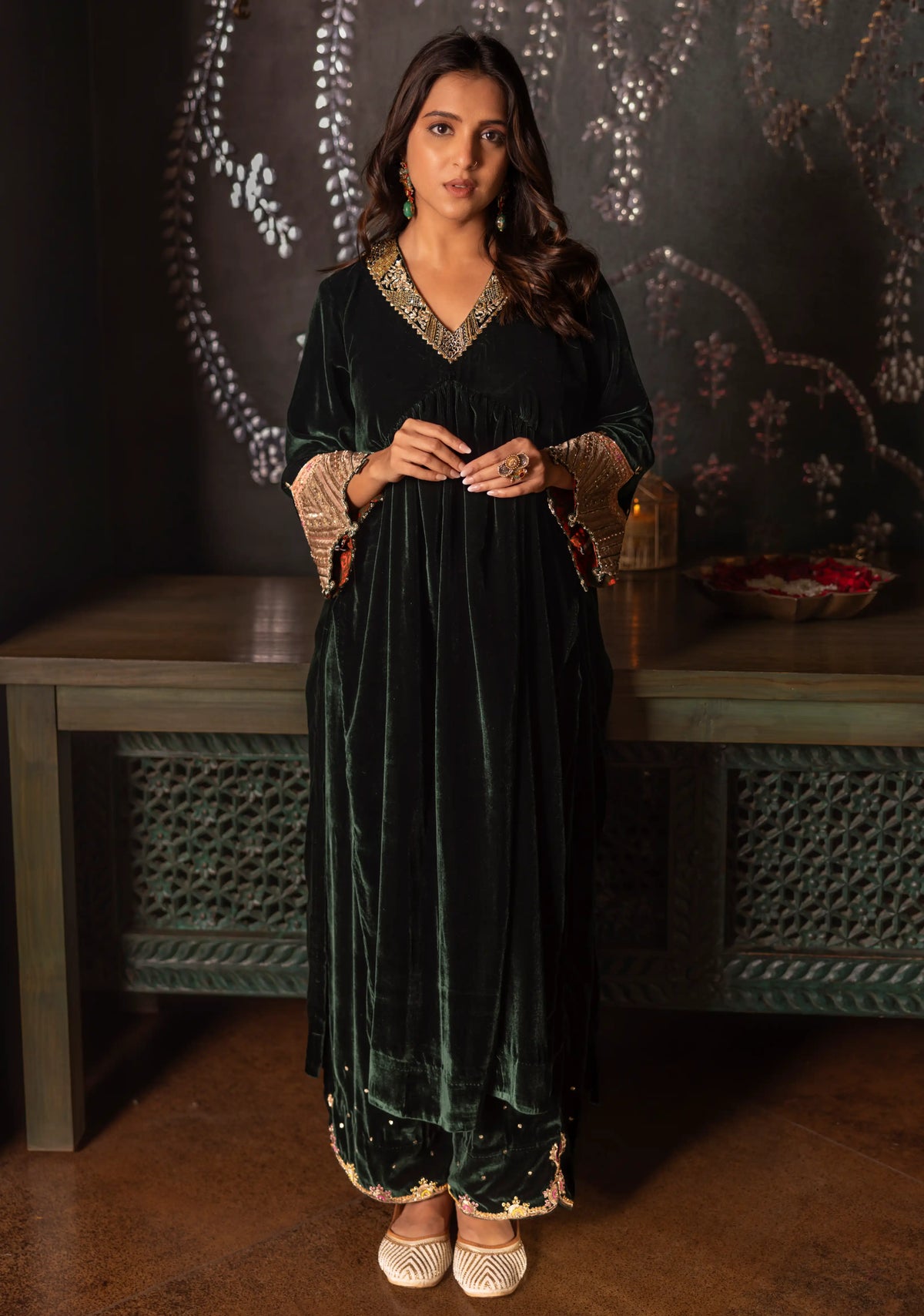 Bottle green velvet dress