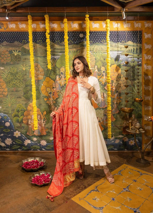 Off-White Silk Dress with Orange Bandhej Dupatta Achkan