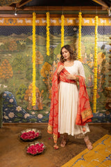 Off-White Silk Dress with Orange Bandhej Dupatta Achkan